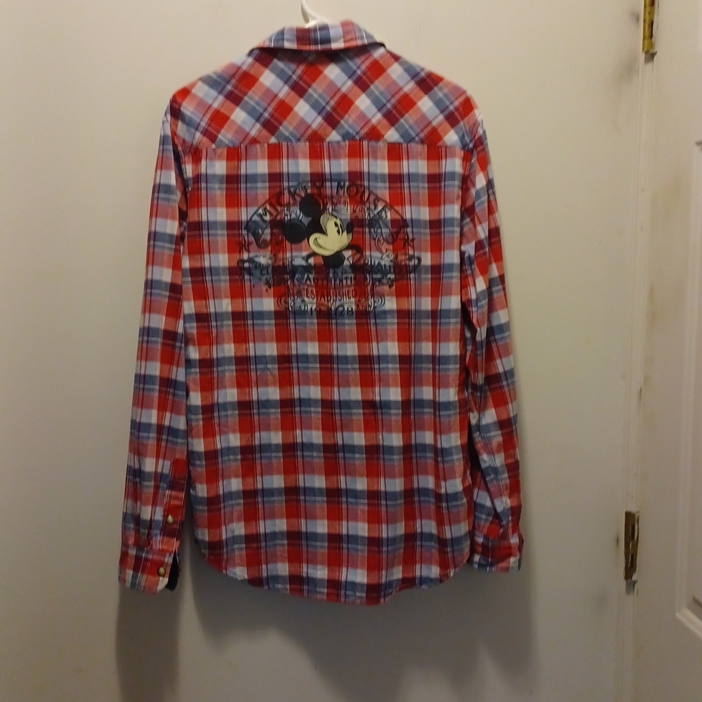 Disney Parks Mens S Graphic Shirt Red Plaid Pearl Snaps Mackey mouse emb… - Picture 4 of 6